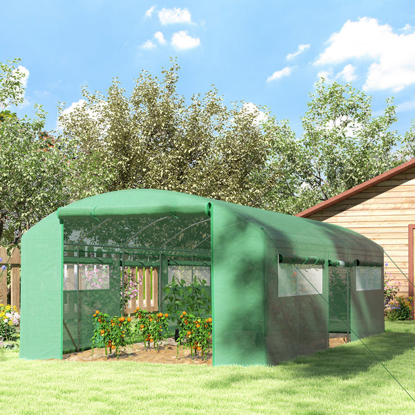 6 x 3 x 2m Polytunnel Greenhouse with 3 Roll-up Doors and Mesh Windows, Walk-in Garden Tunnel Warm House Tent with UV-resistant PE Cover and Galvanised Steel Frame, Green