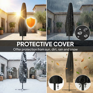 9.7 ft Cantilever Patio Umbrella with Solar LED Light, Cover, Round Offset Hanging Outdoor Umbrella Parasol with Tilt and Crank Handle, Grey