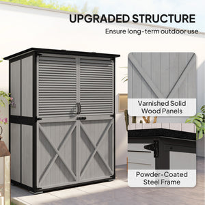 Outdoor Storage Cabinet, Wooden Garden Shed w/ Lock, Steel Frame, Asphalt Roof, Vertical Tool Shed w/ Adjustable Shelves and Feet for Patio Deck, 55" x 29" x 68", Grey