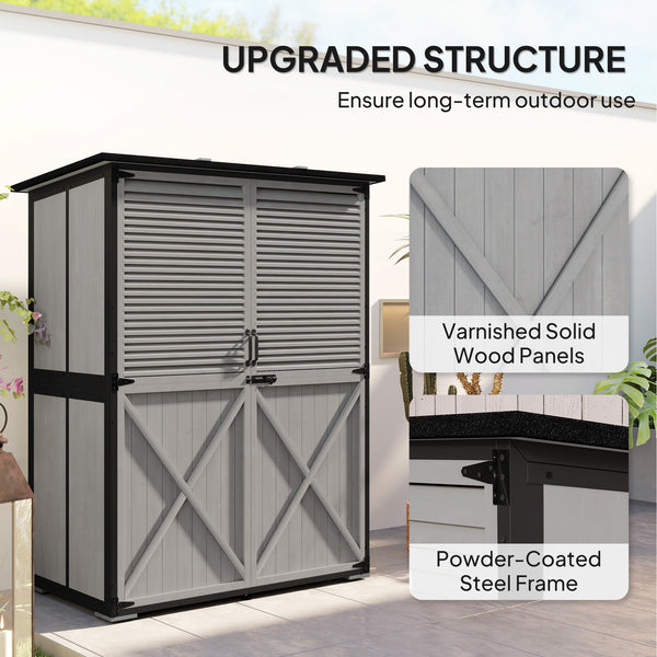 Outdoor Storage Cabinet, Wooden Garden Shed w/ Lock, Steel Frame, Asphalt Roof, Vertical Tool Shed w/ Adjustable Shelves and Feet for Patio Deck, 55" x 29" x 68", Grey