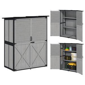 Outdoor Storage Cabinet, Wooden Garden Shed w/ Lock, Steel Frame, Asphalt Roof, Vertical Tool Shed w/ Adjustable Shelves and Feet for Patio Deck, 55" x 29" x 68", Grey
