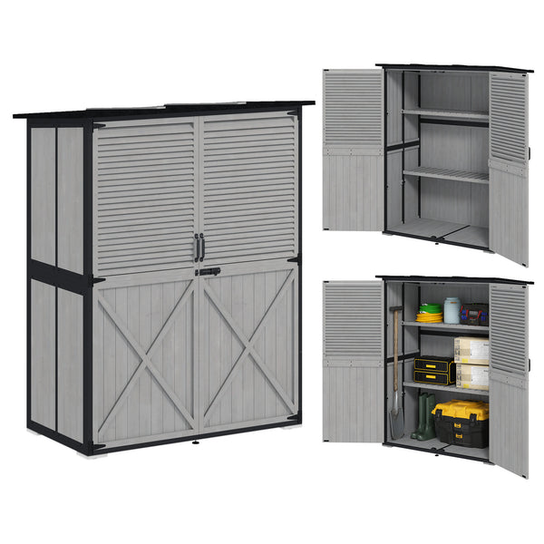 Outdoor Storage Cabinet, Wooden Garden Shed w/ Lock, Steel Frame, Asphalt Roof, Vertical Tool Shed w/ Adjustable Shelves and Feet for Patio Deck, 55" x 29" x 68", Grey