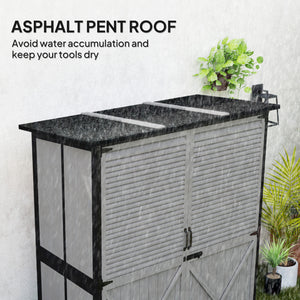 Outdoor Storage Cabinet, Wooden Garden Shed w/ Lock, Steel Frame, Asphalt Roof, Vertical Tool Shed w/ Adjustable Shelves and Feet for Patio Deck, 55" x 29" x 68", Grey