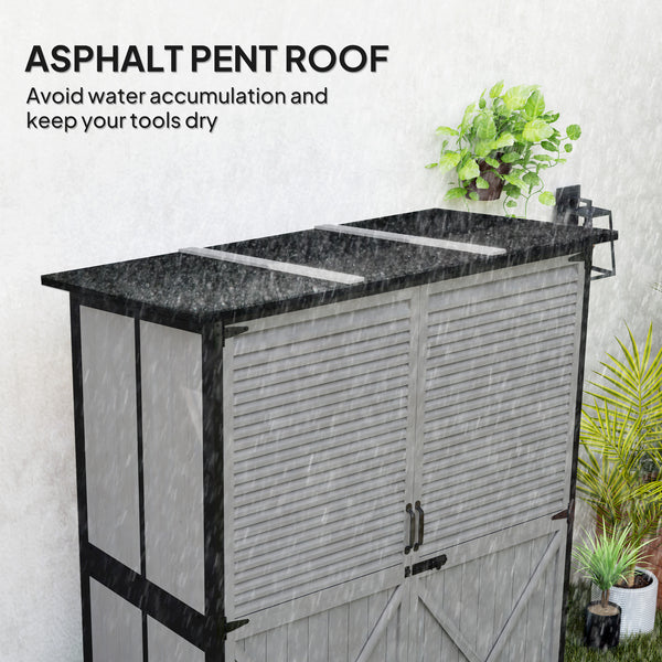 Outdoor Storage Cabinet, Wooden Garden Shed w/ Lock, Steel Frame, Asphalt Roof, Vertical Tool Shed w/ Adjustable Shelves and Feet for Patio Deck, 55" x 29" x 68", Grey