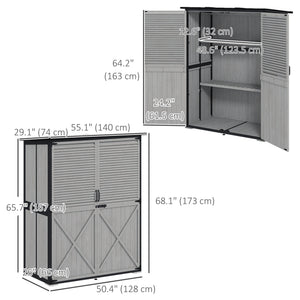 Outdoor Storage Cabinet, Wooden Garden Shed w/ Lock, Steel Frame, Asphalt Roof, Vertical Tool Shed w/ Adjustable Shelves and Feet for Patio Deck, 55" x 29" x 68", Grey