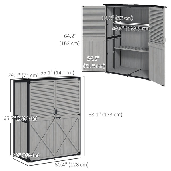 Outdoor Storage Cabinet, Wooden Garden Shed w/ Lock, Steel Frame, Asphalt Roof, Vertical Tool Shed w/ Adjustable Shelves and Feet for Patio Deck, 55" x 29" x 68", Grey