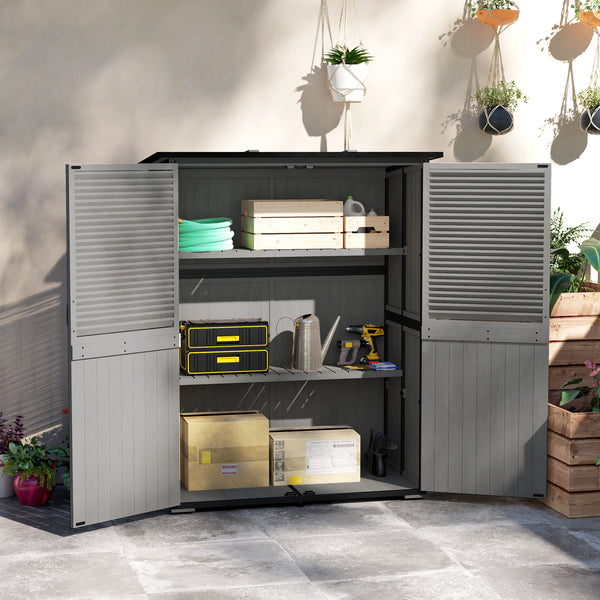 Outdoor Storage Cabinet, Wooden Garden Shed w/ Lock, Steel Frame, Asphalt Roof, Vertical Tool Shed w/ Adjustable Shelves and Feet for Patio Deck, 55" x 29" x 68", Grey