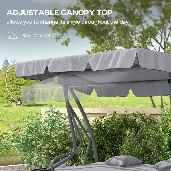 3-Seater Patio Swing Chair, Convertible Cushioned Porch Swing Bed, Outdoor Swing Seat with Adjustable Canopy and Two Pillows, for Porch, Garden, Poolside, Light Grey