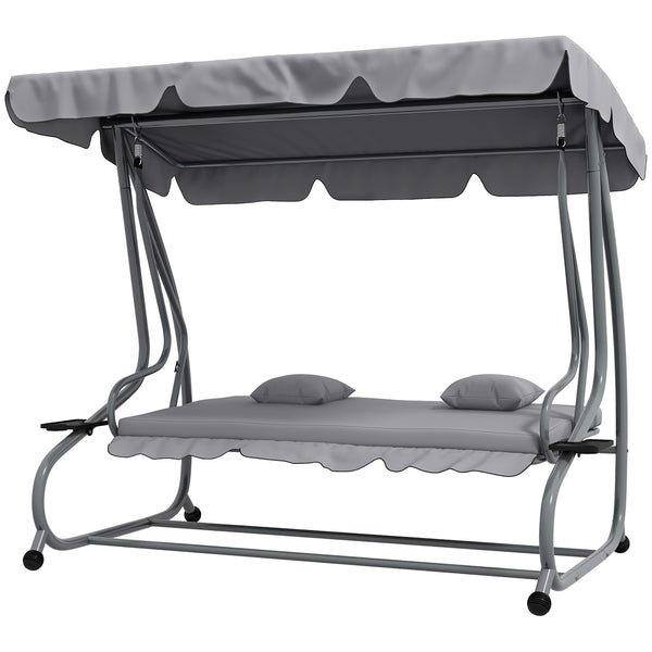 3-Seater Patio Swing Chair, Convertible Cushioned Porch Swing Bed, Outdoor Swing Seat with Adjustable Canopy and Two Pillows, for Porch, Garden, Poolside, Light Grey