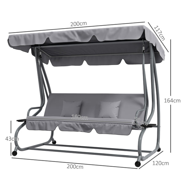 2-in-1 Garden Swing Seat Bed, 3 Seater Convertible Swing Chair Bench with Tilting Canopy, Cushioned Seat and 2 Pillows for Patio, Garden, Light Grey