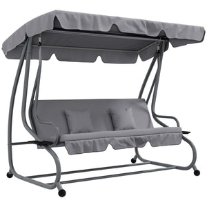 2-in-1 Garden Swing Seat Bed, 3 Seater Convertible Swing Chair Bench with Tilting Canopy, Cushioned Seat and 2 Pillows for Patio, Garden, Light Grey
