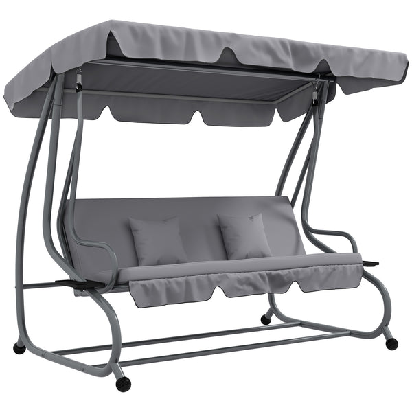 3-Seater Patio Swing Chair, Convertible Cushioned Porch Swing Bed, Outdoor Swing Seat with Adjustable Canopy and Two Pillows, for Porch, Garden, Poolside, Light Grey