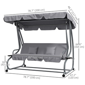 3-Seater Patio Swing Chair, Convertible Cushioned Porch Swing Bed, Outdoor Swing Seat with Adjustable Canopy and Two Pillows, for Porch, Garden, Poolside, Light Grey