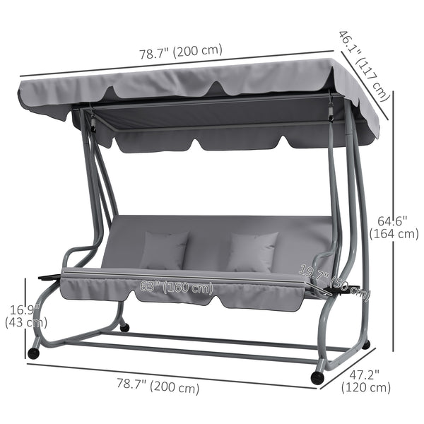 3-Seater Patio Swing Chair, Convertible Cushioned Porch Swing Bed, Outdoor Swing Seat with Adjustable Canopy and Two Pillows, for Porch, Garden, Poolside, Light Grey