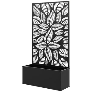 Metal Garden Bed with Trellis, Wall Mounted or Freestanding Raised Planter with Privacy Panel, Leaf Cut-out Privacy Screen with Planter Box for Climbing Plants, Flowers, Vegetables