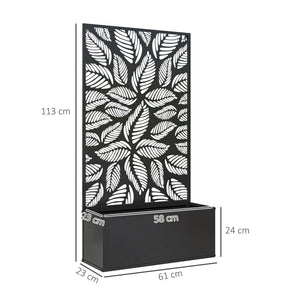 Metal Garden Bed with Trellis, Wall Mounted or Freestanding Raised Planter with Privacy Panel, Leaf Cut-out Privacy Screen with Planter Box for Climbing Plants, Flowers, Vegetables