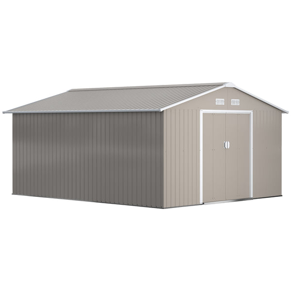 13 x 11ft Metal Garden Shed, Outdoor Storage Tool House with Ventilation Slots, Foundation Kit and Lockable Double Doors, Light Grey