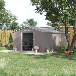 13 x 11ft Metal Garden Shed, Outdoor Storage Tool House with Ventilation Slots, Foundation Kit and Lockable Double Doors, Light Grey