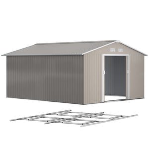 11' x 13' Garden Storage Shed with Foundation Kit, Metal Tool Storage House with Double Doors for Outdoor Patio Yard, Light Grey