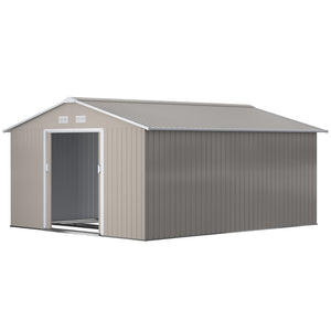 13 x 11ft Metal Garden Shed, Outdoor Storage Tool House with Ventilation Slots, Foundation Kit and Lockable Double Doors, Light Grey