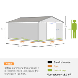 13 x 11ft Metal Garden Shed, Outdoor Storage Tool House with Ventilation Slots, Foundation Kit and Lockable Double Doors, Light Grey