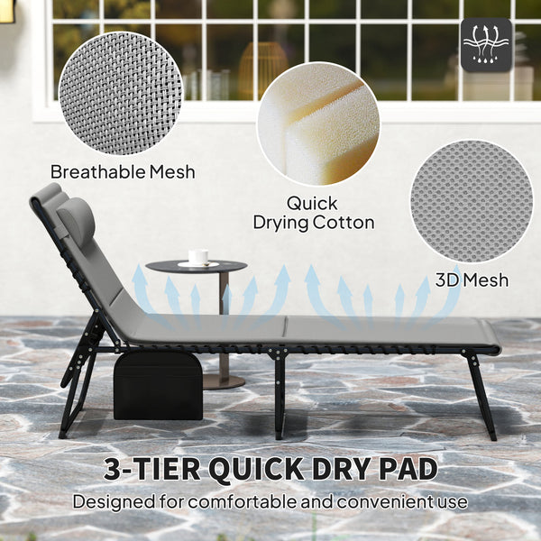 Folding Sun Loungers Set of 2, Recliner Garden Chairs with Quick Drying Pad Headrest Side Pocket, Garden Sun Loungers for Beach Pool, Light Grey