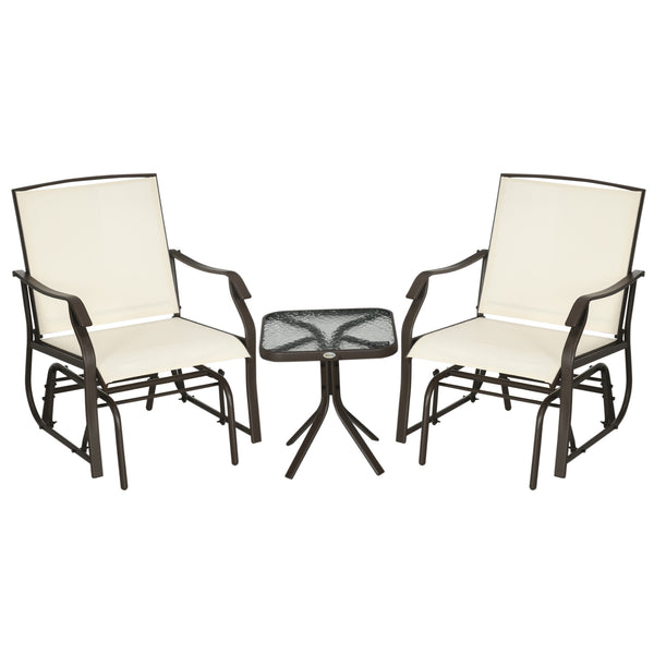 3 Piece Patio Glider Set, Outdoor Gliders with Glass Top Table, Breathable Mesh Seat, or Garden, Country Yard, Porch, Cream White