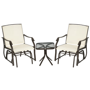 3 Piece Patio Glider Set, Outdoor Gliders with Glass Top Table, Breathable Mesh Seat, or Garden, Country Yard, Porch, Cream White