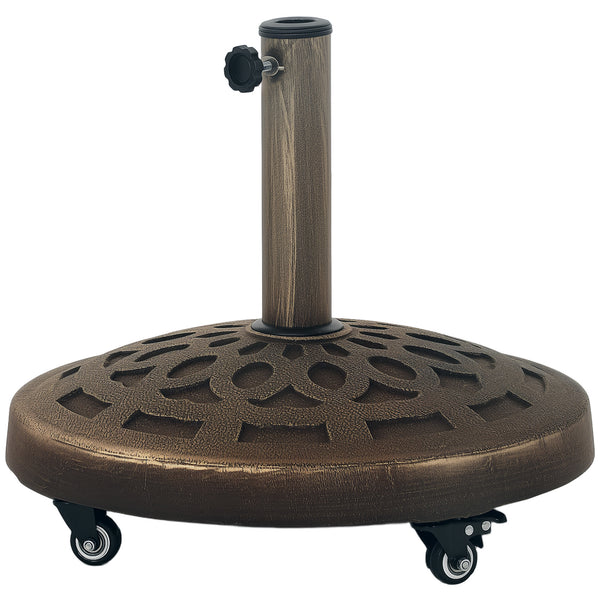 21kg Resin Garden Parasol Base with Wheels, Round Umbrella Stand, Heavy Duty Sun Umbrella Base for 34, 38, 48 mm Umbrella Poles for Deck Poolside, Bronze Tone