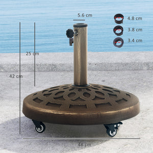 21kg Resin Garden Parasol Base with Wheels, Round Umbrella Stand, Heavy Duty Sun Umbrella Base for 34, 38, 48 mm Umbrella Poles for Deck Poolside, Bronze Tone