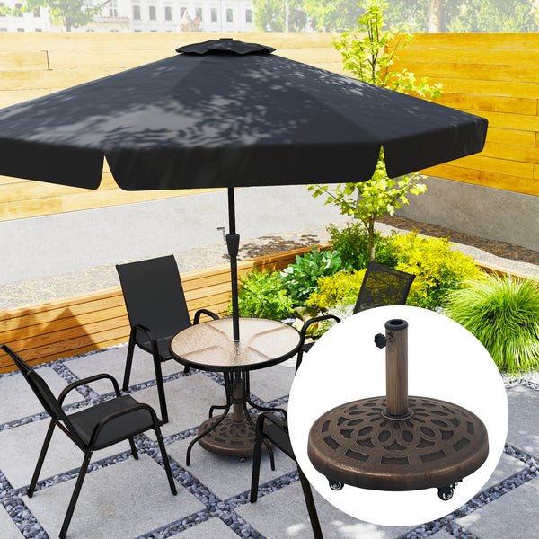 21kg Resin Garden Parasol Base with Wheels, Round Umbrella Stand, Heavy Duty Sun Umbrella Base for 34, 38, 48 mm Umbrella Poles for Deck Poolside, Bronze Tone