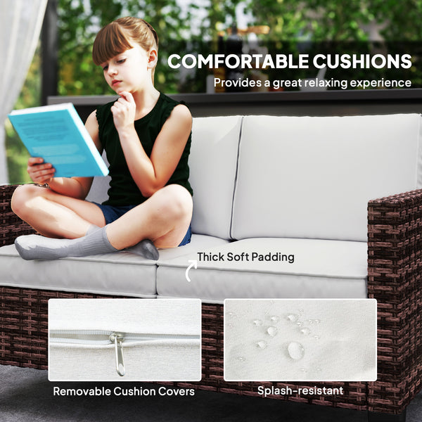 2 Seater Rattan Sofa with Cushions, Wicker Garden Loveseat with Armrests, Outdoor Garden Sofa Couch with Steel Frame for Balcony, Porch, Brown