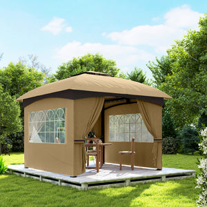  11' x 11' Outdoor Gazebo, Double Roof Patio Gazebo Canopy Shelter, UV Protected, with Curtains, Church Windows, Galvanised Steel Frame for Lawn, Backyard and Deck, Beige