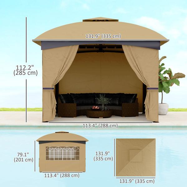  11' x 11' Outdoor Gazebo, Double Roof Patio Gazebo Canopy Shelter, UV Protected, with Curtains, Church Windows, Galvanised Steel Frame for Lawn, Backyard and Deck, Beige