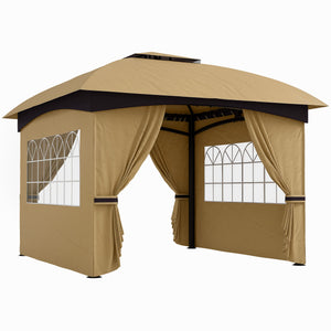  11' x 11' Outdoor Gazebo, Double Roof Patio Gazebo Canopy Shelter, UV Protected, with Curtains, Church Windows, Galvanised Steel Frame for Lawn, Backyard and Deck, Beige