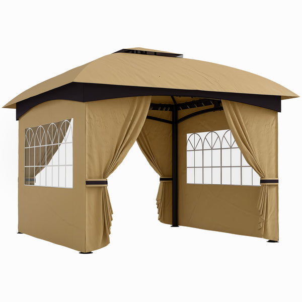  11' x 11' Outdoor Gazebo, Double Roof Patio Gazebo Canopy Shelter, UV Protected, with Curtains, Church Windows, Galvanised Steel Frame for Lawn, Backyard and Deck, Beige