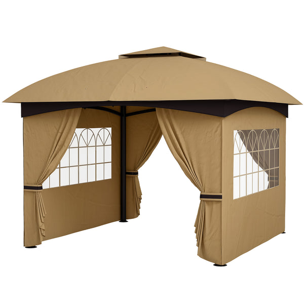  11' x 11' Outdoor Gazebo, Double Roof Patio Gazebo Canopy Shelter, UV Protected, with Curtains, Church Windows, Galvanised Steel Frame for Lawn, Backyard and Deck, Beige