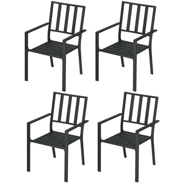 Set of 4 Garden Chairs, Stackable Outdoor Chairs with Metal Slatted Seat & Backrest, for Yard, Garden, Black