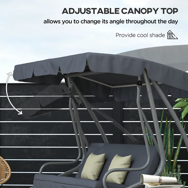 3-Seat Outdoor Patio Swing Chair, Converting Flat Bed, Canopy Swing with Adjustable Shade, Removable Cushions, Cup Holder, Dark Grey