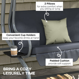 3-Seat Outdoor Patio Swing Chair, Converting Flat Bed, Canopy Swing with Adjustable Shade, Removable Cushions, Cup Holder, Dark Grey