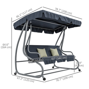 3-Seat Outdoor Patio Swing Chair, Converting Flat Bed, Canopy Swing with Adjustable Shade, Removable Cushions, Cup Holder, Dark Grey