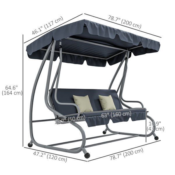 3-Seat Outdoor Patio Swing Chair, Converting Flat Bed, Canopy Swing with Adjustable Shade, Removable Cushions, Cup Holder, Dark Grey