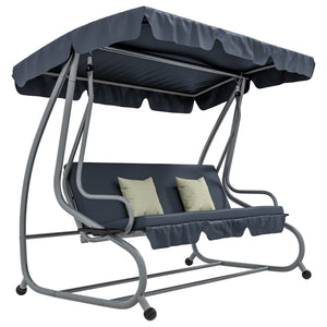 3-Seat Outdoor Patio Swing Chair, Converting Flat Bed, Canopy Swing with Adjustable Shade, Removable Cushions, Cup Holder, Dark Grey