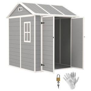 6' x 6' Outdoor Storage Shed, Resin Plastic Shed with Floor, Window, Lockable Doors and Vents, All-Weather Garden Shed for Backyard, Patio, Lawn, Grey