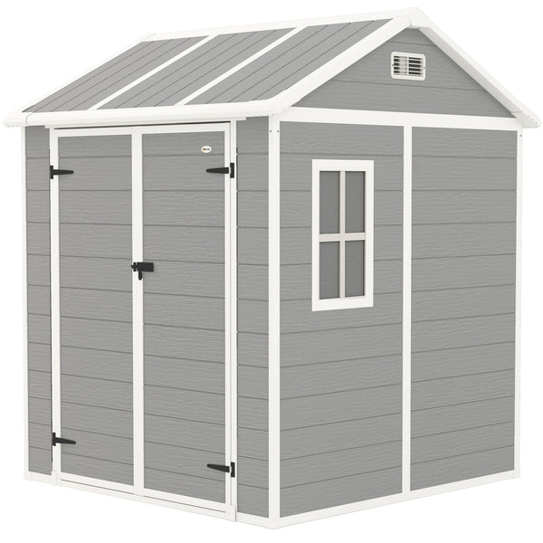 6' x 6' Outdoor Storage Shed, Resin Plastic Shed with Floor, Window, Lockable Doors and Vents, All-Weather Garden Shed for Backyard, Patio, Lawn, Grey