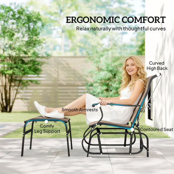 Outdoor Glider Chair with Ottoman, Patio Glider Set with 24.4" High Back, 22" Wide Seat, 2-Piece Outdoor Lounge Set with All-Weather Breathable Mesh for Porch, Garden, Backyard, Brown