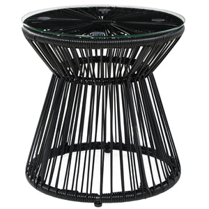 Freestanding End Table, Round Hollow Drum Design Side Table with Round PE Rattan and Tempered Glass Tabletop for Patio, Garden, Balcony, Black