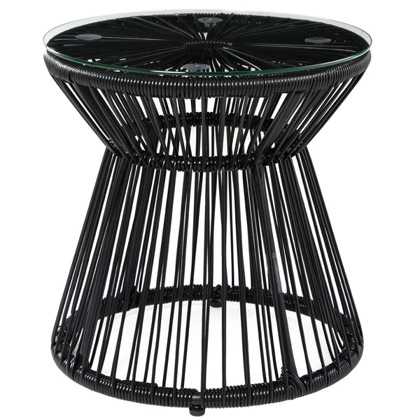 Freestanding End Table, Round Hollow Drum Design Side Table with Round PE Rattan and Tempered Glass Tabletop for Patio, Garden, Balcony, Black