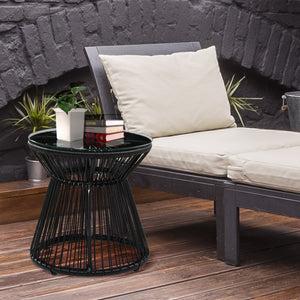 Freestanding End Table, Round Hollow Drum Design Side Table with Round PE Rattan and Tempered Glass Tabletop for Patio, Garden, Balcony, Black