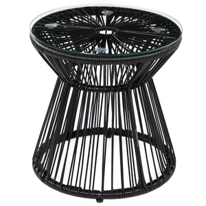 Outdoor Coffee Table, Round PE Rattan Side Table with Tempered Glass Table Top, Hollow Drum Design for Garden, Balcony, Patio, Black